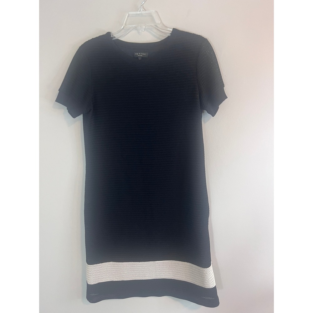 Rag & Bone Black Textured Knit Short Sleeve Shift Dress White Contrast Hem 6